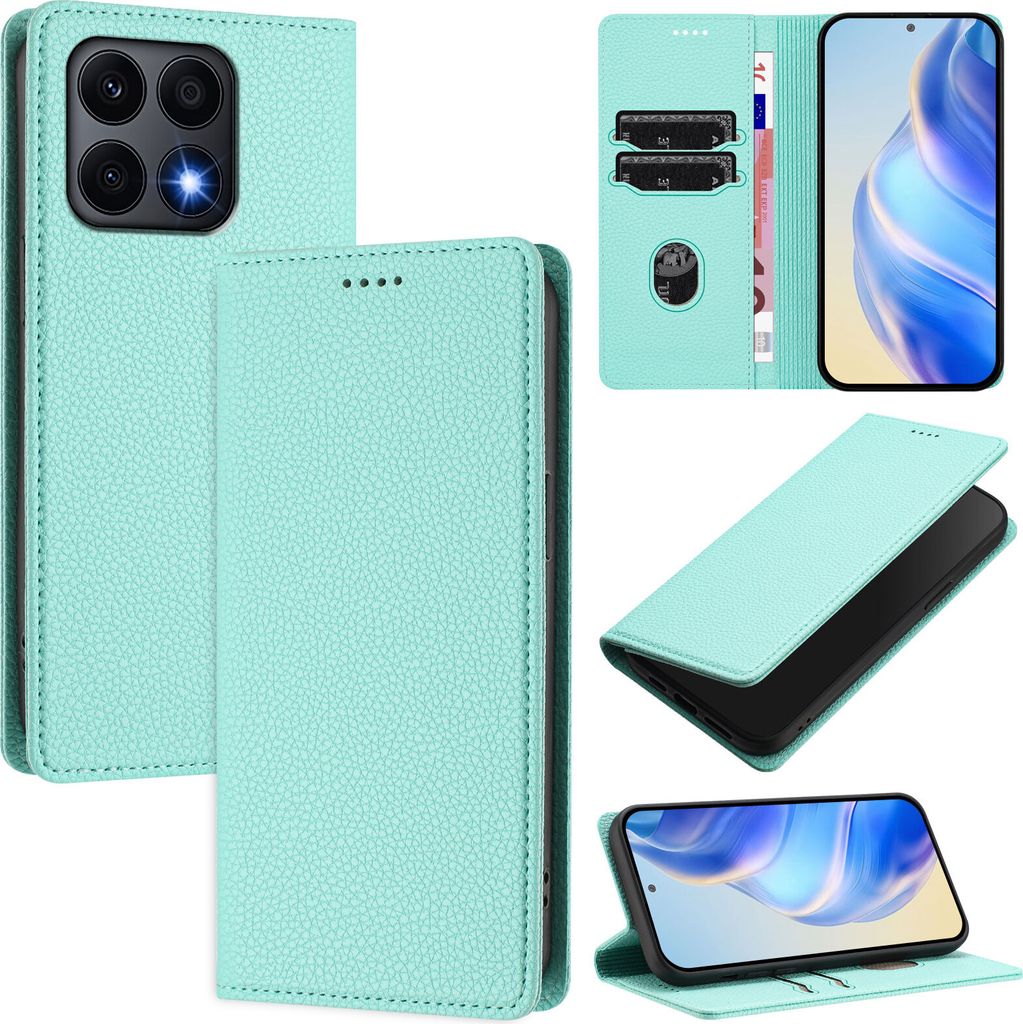 Litchi Leder Handyhülle für Honor X8 5G/Honor X6 4G/Honor 70 Lite/Honor X8A Wallet Kartenfächer Standfunktion Hülle Türkis