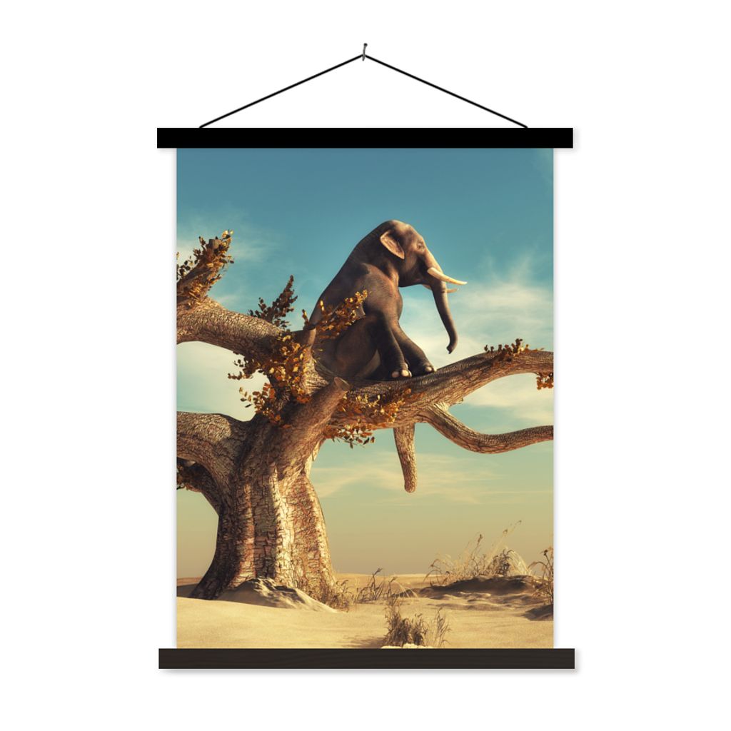 MuchoWow Textilposter Elefant - Baum - Natur - Wüste 90x120 cm mit schwarzem Rahmen - Dekoration