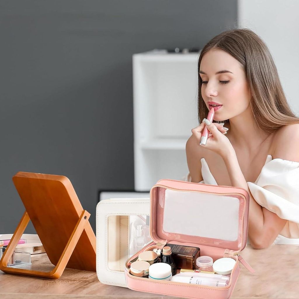 Make-up Tasche und Kosmetischer Organizer Case - Wasserdichte Reisetasche Toilettasche - Goldener Reißverschluss - Modisch Groß Beige