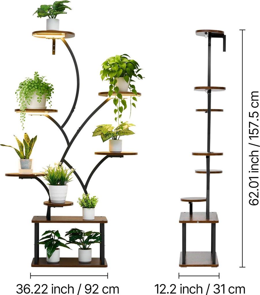A multi-tiered plant stand with plants on each tier, shown next to a diagram of its dimensions.