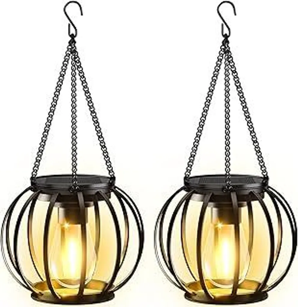Lampade solari da esterno a sospensione, 2 lanterne solari in metallo per esterni con lampadina LED più grande, luci solari impermeabili IP65 per decorazioni da giardino con gancio e catena per terrazza, prato, balcone, cortile