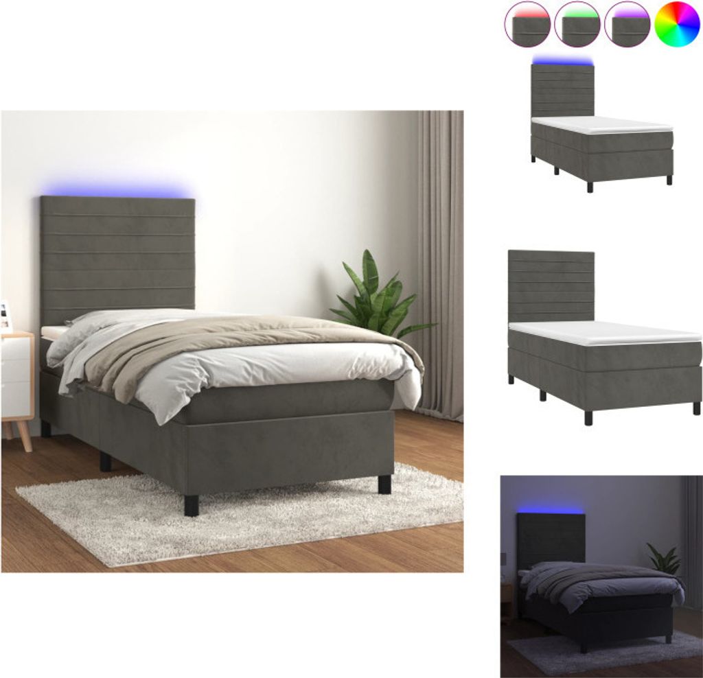 vidaXL Boxspringbett mit Matratze & LED Dunkelgrau 90x190 cm Samt - Betten & Bettgestelle