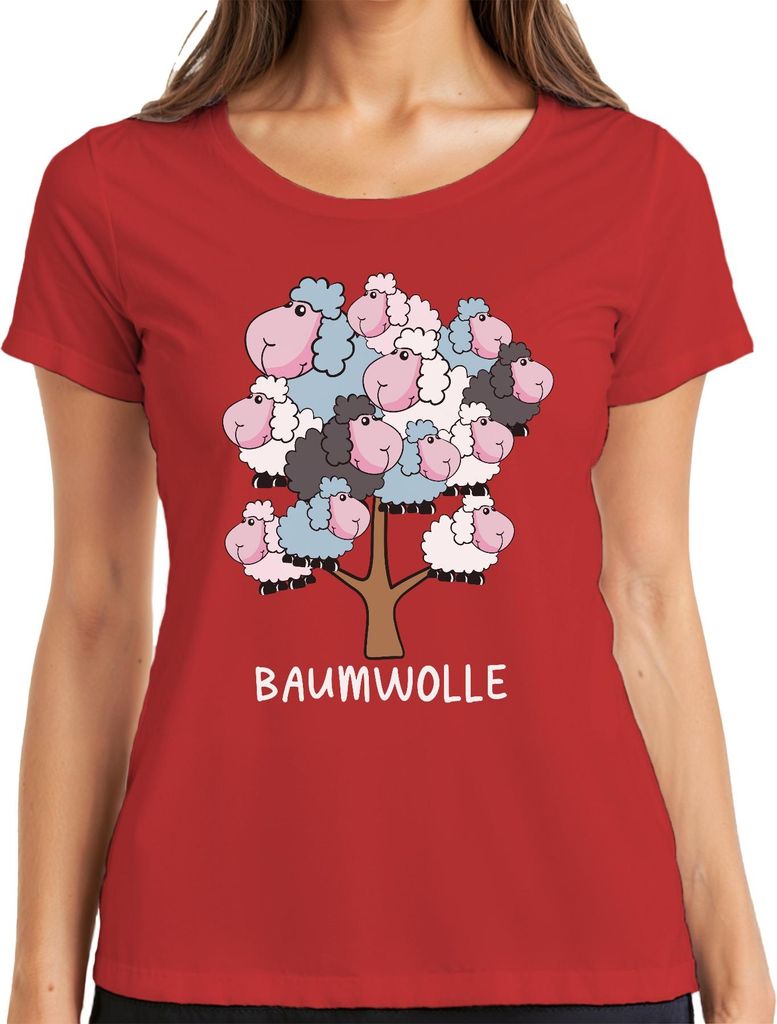 Baumwolle Schafbaum Cartoon Baumwollbaum Schafe Bauernhof Humor Damen T-Shirt, Rot, M