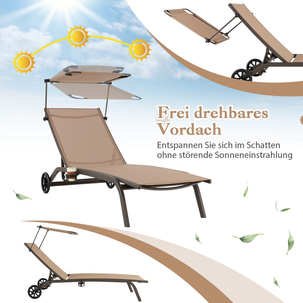 COSTWAY Sonnenliege mit Rollen, Dach und Getränkehalter, Produktbild 3