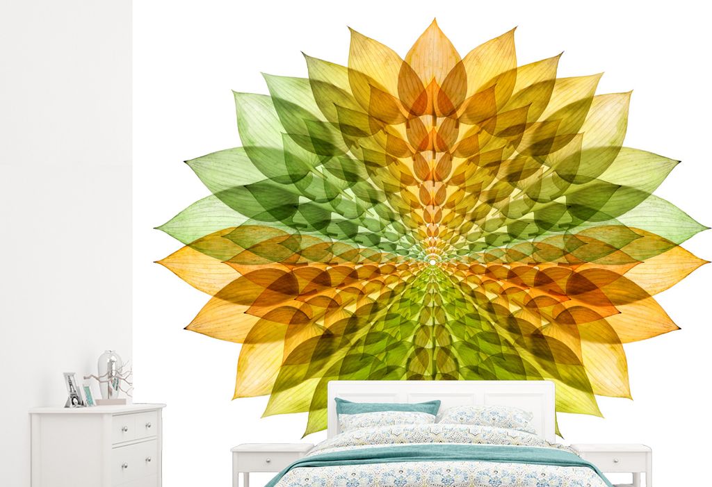 MuchoWow Fototapete für Wohnzimmer oder Schlafzimmer Wandtapete Vinyl Motivtapete Grünes und gelbes Mandala auf weißem Hintergrund - 265x240 c...