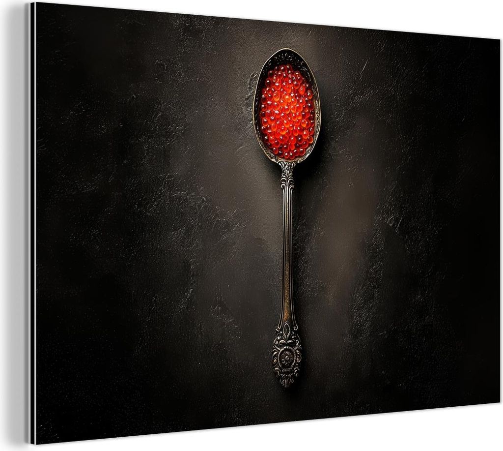 MuchoWow Wanddekoration Metall Metallbild Wandkunst 30x20 cm Schwarz - Löffel - Kaviar MuchoWow Aluminium Gemälde - Aluminiumgemälder