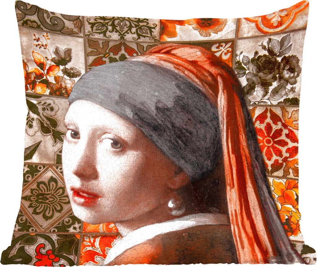 MuchoWow Zierkissen Sofakissen Wohnzimmer Dekokissen 50x50 cm Das Mädchen mit dem Perlenohrring - Kacheln - Orange - Schwarz - Komfort - Sofakissen