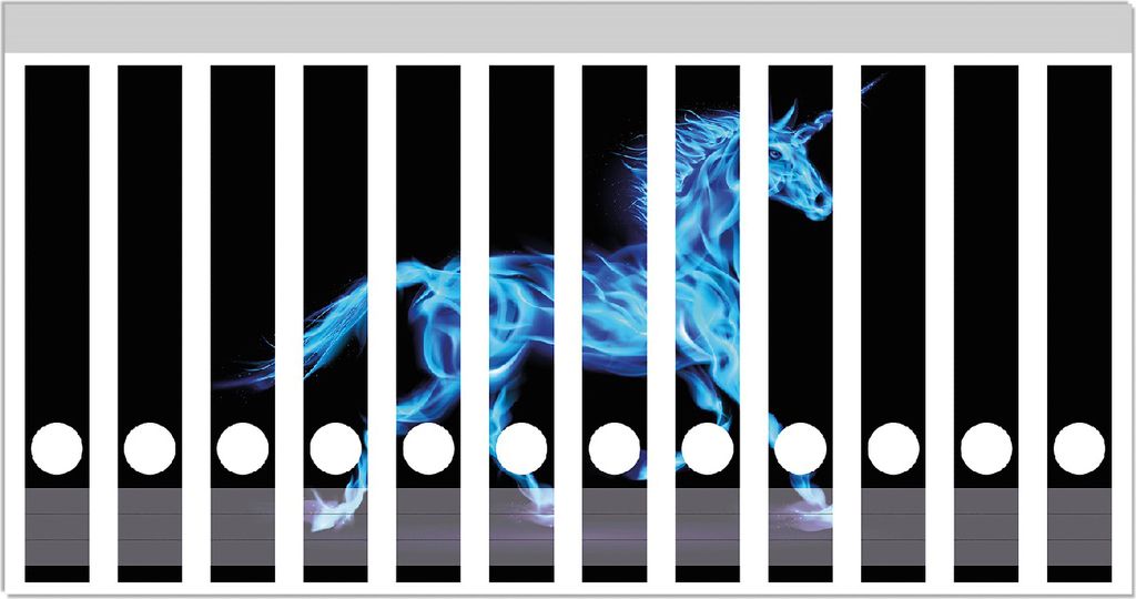 Wallario Ordnerrücken Sticker, selbstklebend für schmale Ordner, 12 Stück, Motiv Design Einhorn - aus blauen Flammen