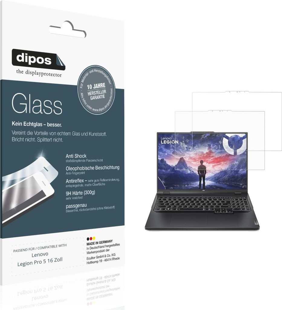 2x Schutzfolie für Lenovo Legion Pro 5 16 Zoll matt - Anti-Shock 9H Folie dipos Glass Kunststoffglas