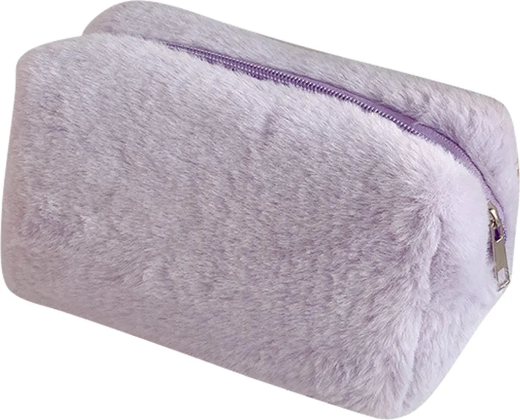 Borsa per trucchi in peluche, morbida, soffice, cosmetici portatili per ragazze, viola chiaro