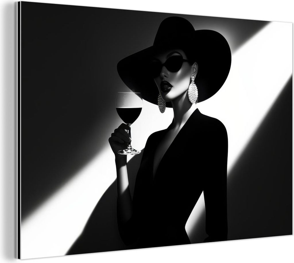 MuchoWow Wanddekoration Metall Metallbild Wandkunst 30x20 cm Frau - Wein - Chic MuchoWow Aluminium Gemälde - Aluminiumgemälder