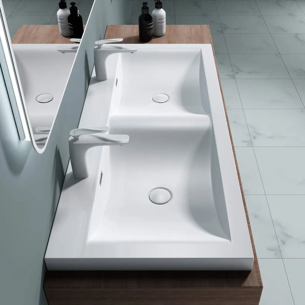 Lavabo Double Vasque Rectangulaire 120 cm Blanc Mat en Solid Surface