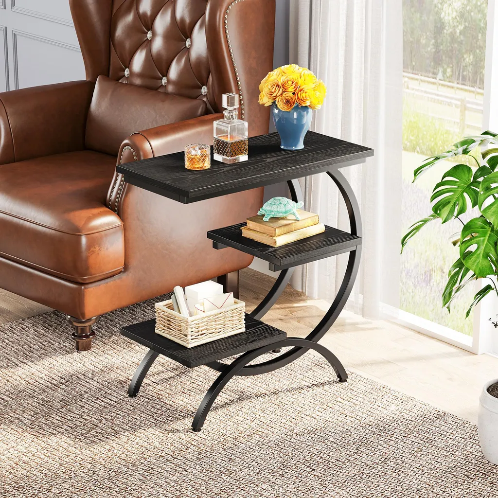 Table d'appoint en forme de C, table basse à trois niveaux bois naturel - 11