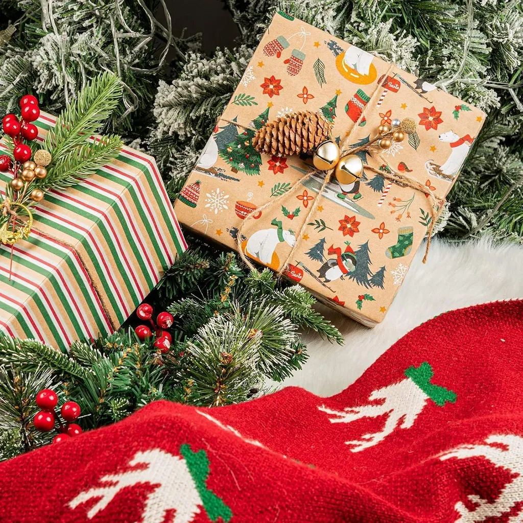 Rouleaux de Papier Kraft de Noël Vert Imprimé Pingouin - Pack de 3