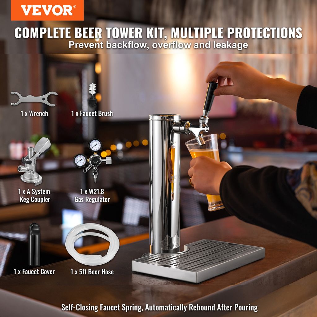 Bierzapfsäule mit Einzelhahn, Edelstahl Bierzapfturm Bierturm Zapfen, Kegerator-Turm-Kit, Zapfen Getränke Spender für Bars Hotels Und Restaurants Silber