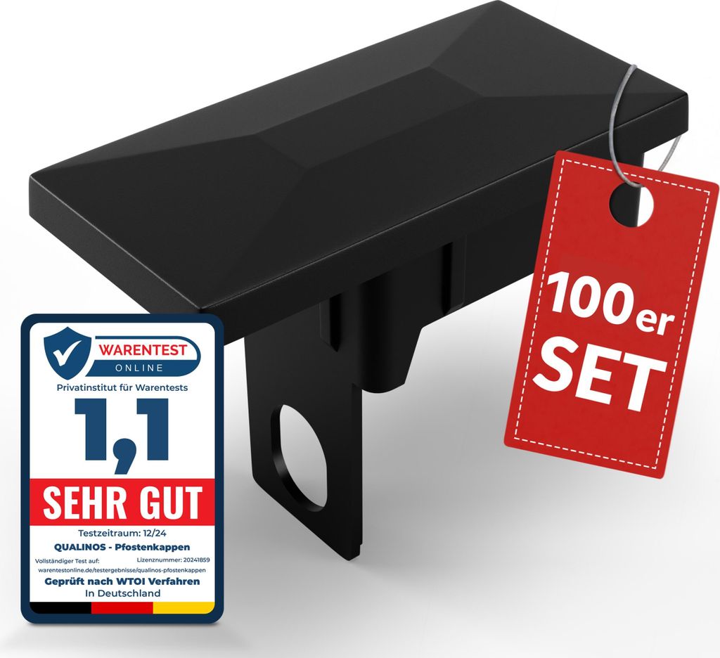 Qualinos Pfostenkappen 60x40 mm mit Sicherungssteg Schwarz 9005 (100 Stück) – für Doppelstabmattenzaun
