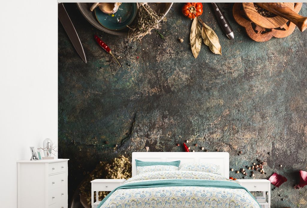 MuchoWow Fototapete für Wohnzimmer oder Schlafzimmer Wandtapete Vinyl Motivtapete Marmor - Gemüse - Herbst - Kürbis - Rustikal - Kräuter - 37...