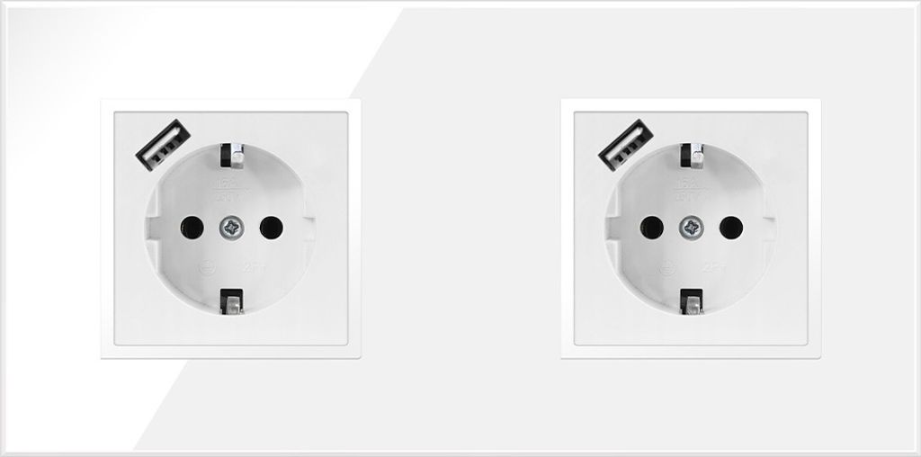 2-fach Steckdose + USB Weiß Komplett mit Glasrahmen Schuko 230V QUADRA