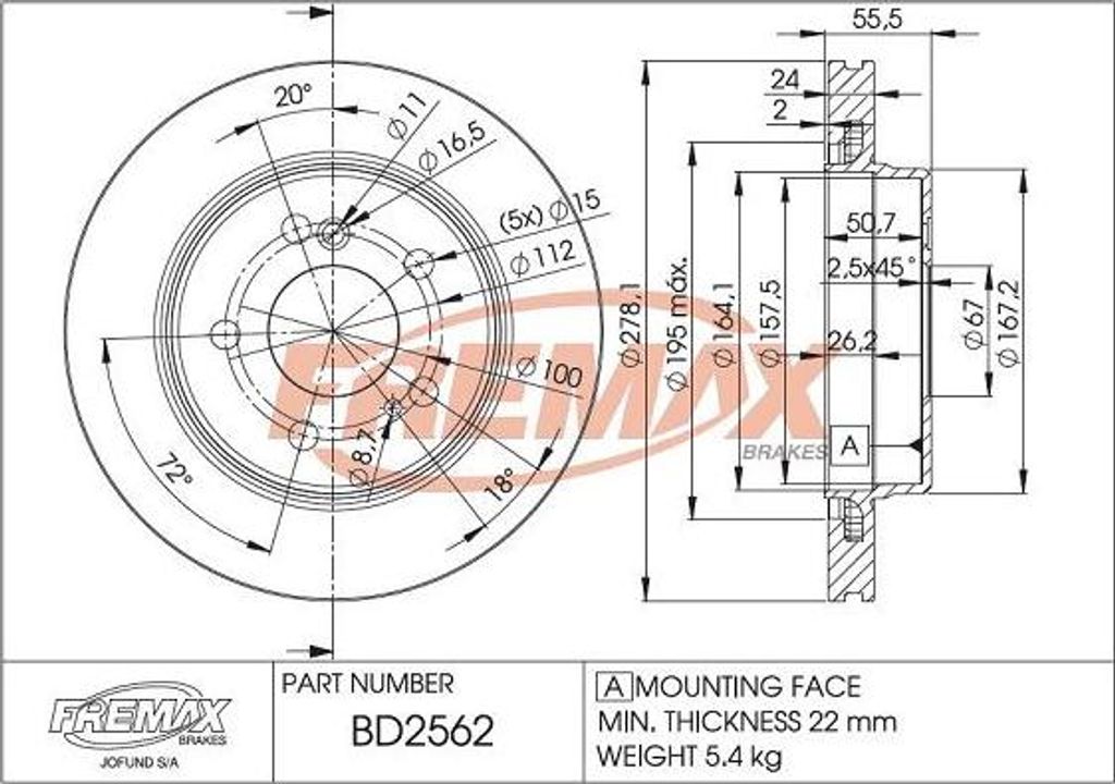 FREMAX BD-2562 Bremsscheibe OE 1244230812 kompatibel mit SLK, E-Klasse, CLK, C-Klasse, Crossfire