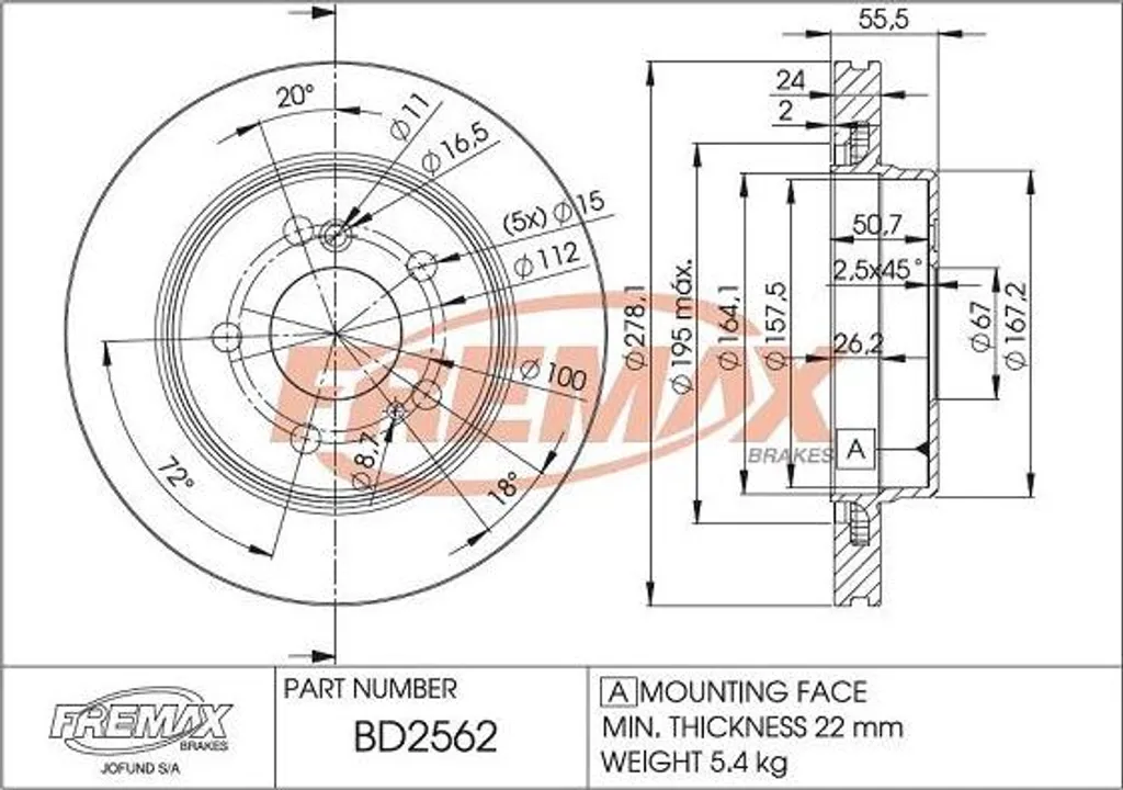 Fremax BD-2562 Disque de frein arrière OE 1244230812 pour Mercedes SLK