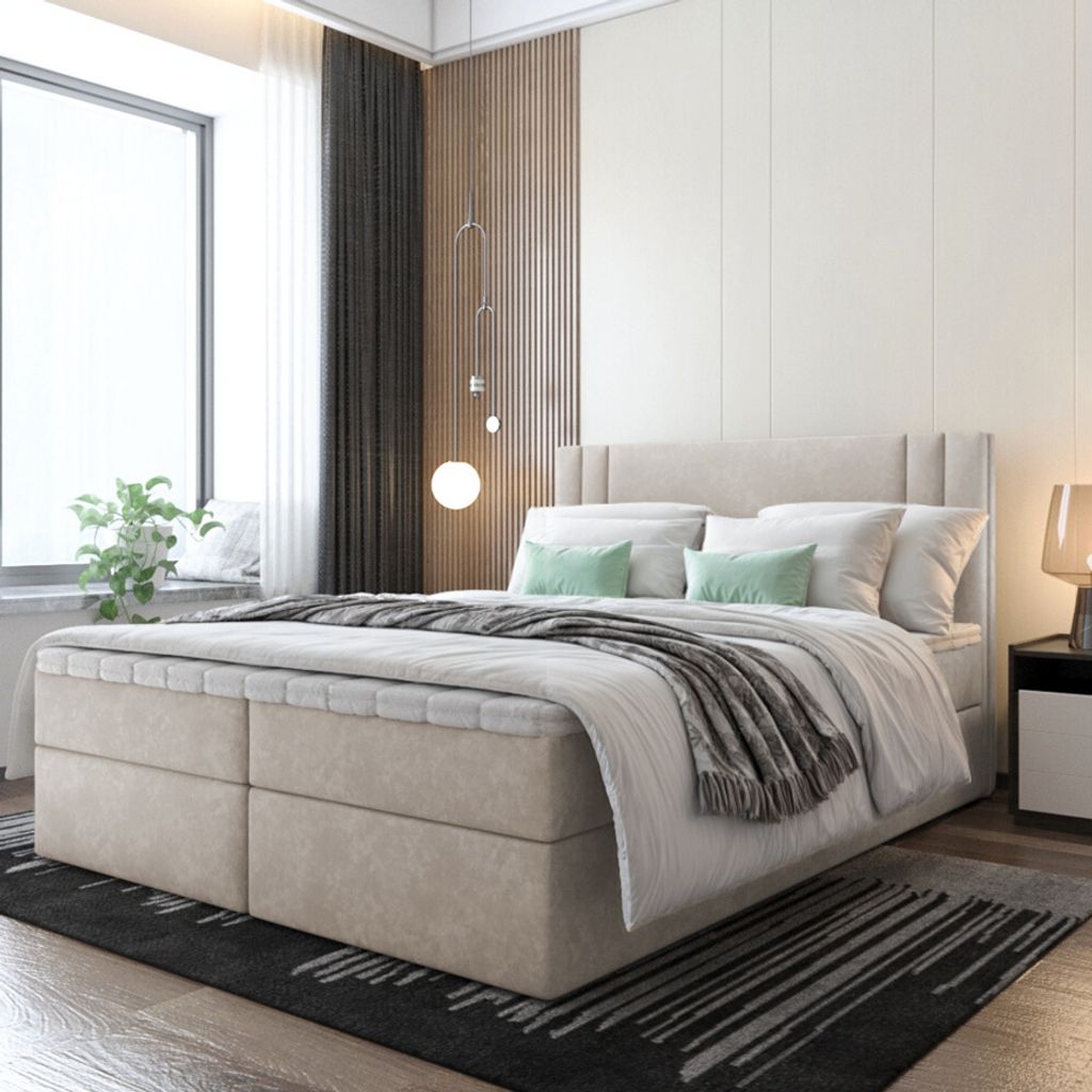 Bett Boxspringbett BEST, Mit Topper Visco und Bettkästen - Doppelbett, Stauraum, Schlafzimmer, Polsterbett, Bettgestell (180x200, Beige - ITAKA 46)