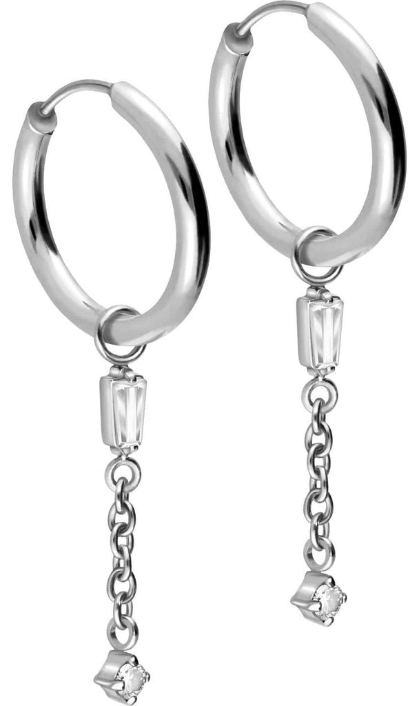 Chirurgenstahl Ohrclicker Creolen 2 KRISTALLE + KETTE Silber Innendurchmesser: 14mm + Designstärke: 2mm