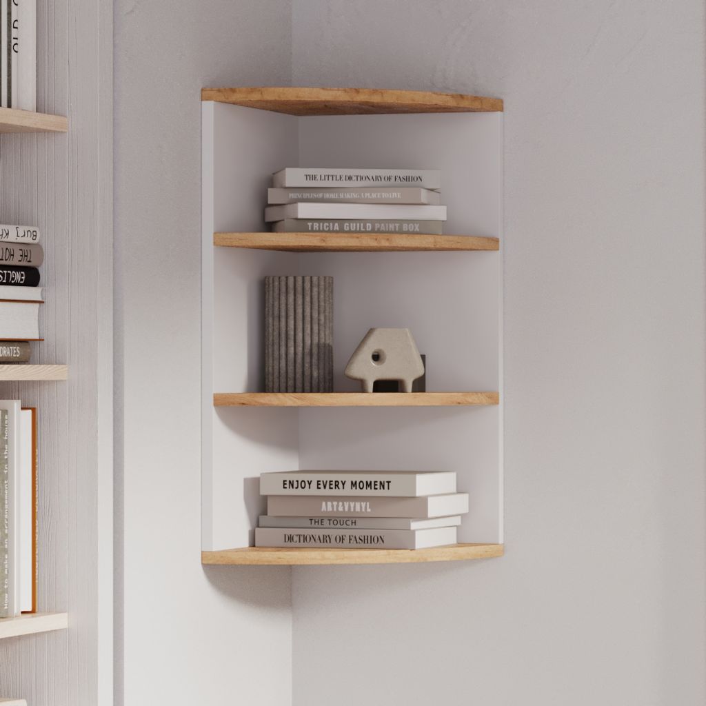 A corner shelf unit with books and decorative items.