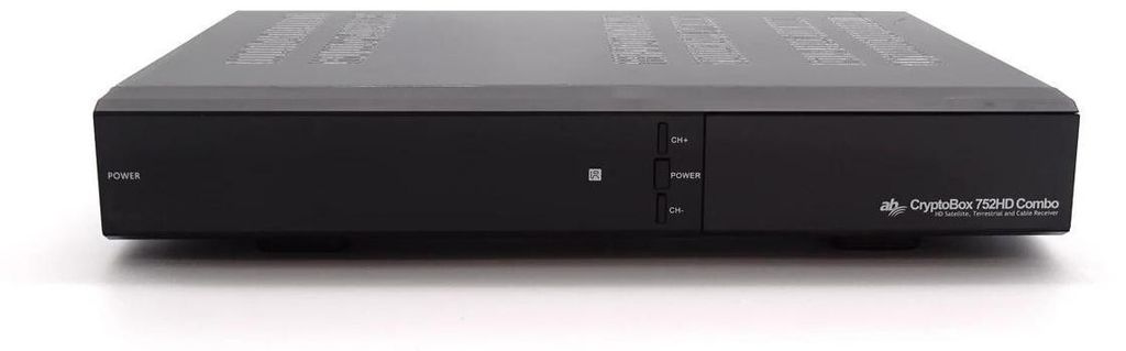A black satellite receiver is shown from the front on a white background.