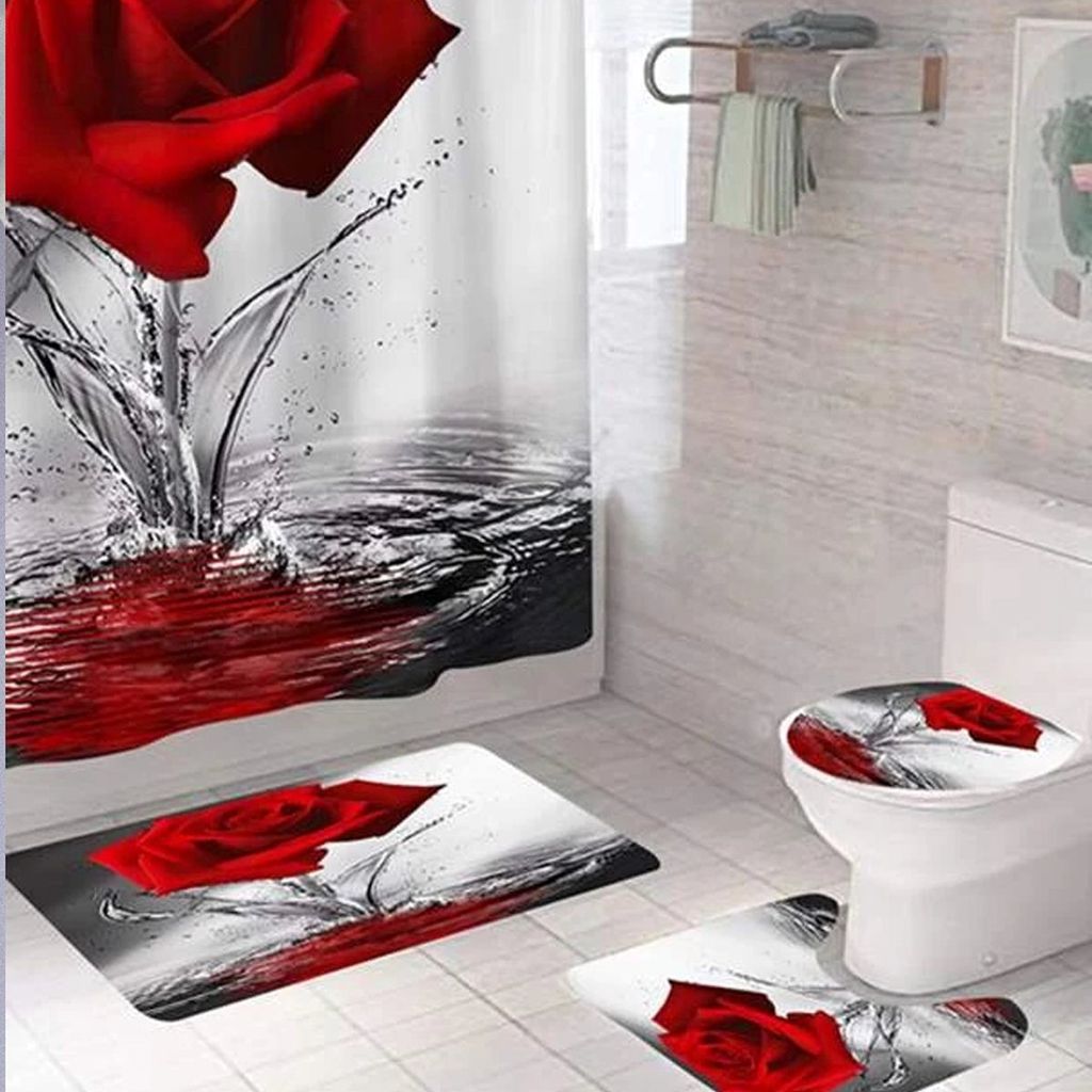 4-teiliges Badezimmer-Set – Duschvorhang | matt | Toilettenmatte und Toilettendeckelabdeckung - Rote Blume