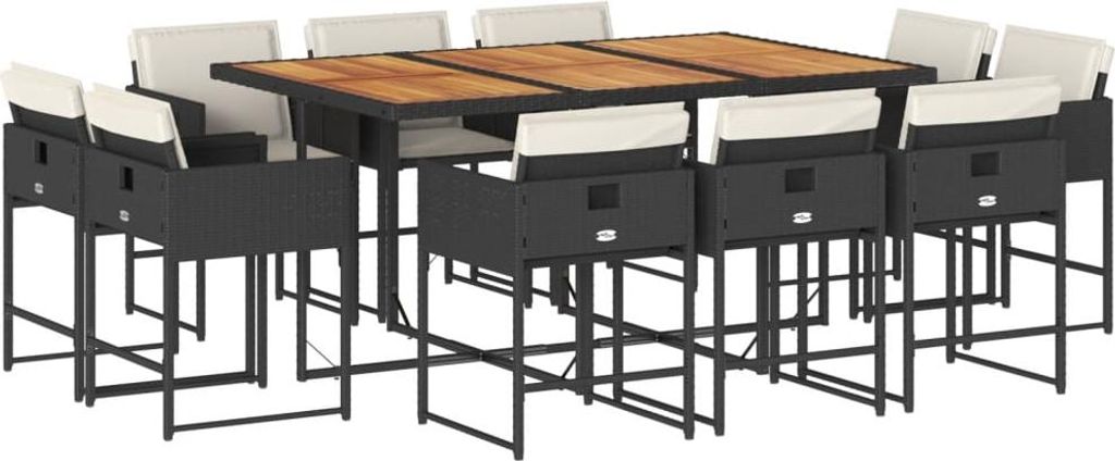 vidaXL 11-tlg. Garten-Essgruppe mit Kissen Schwarz Poly Rattan