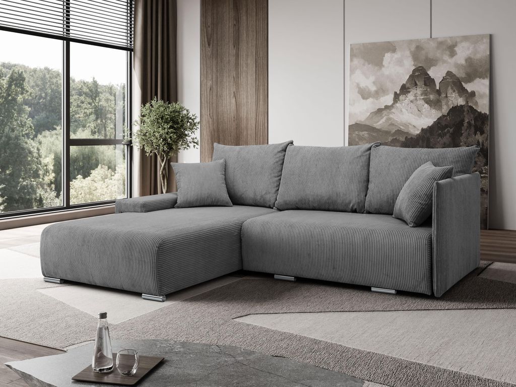 Margaret Hadas24 Ecksofa L Form Lauren 246x188 cm mit Schlaffunktion, Bettkasten, Schlafsofa, 4 Sitzer Bettzeugablage Sofa Eckcouch Cord, grau, links