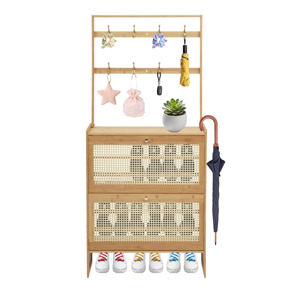 Schuhschrank mit Klapptür 70*17*152cm Schuhregal mit Haken (Holzfarbe)
