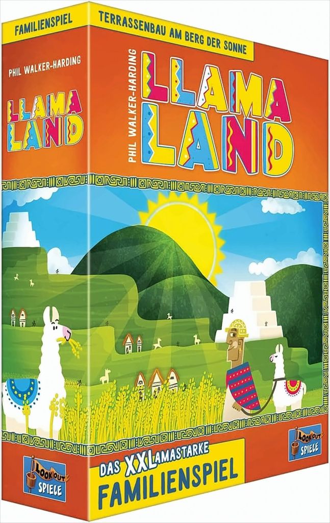 The image shows the packaging of the board game 'Llama Land'. The front of the box features a colorful illustration of a mountainous landscape with llamas and small houses, under a bright sun. The top of the box has the game's title and descriptive text.