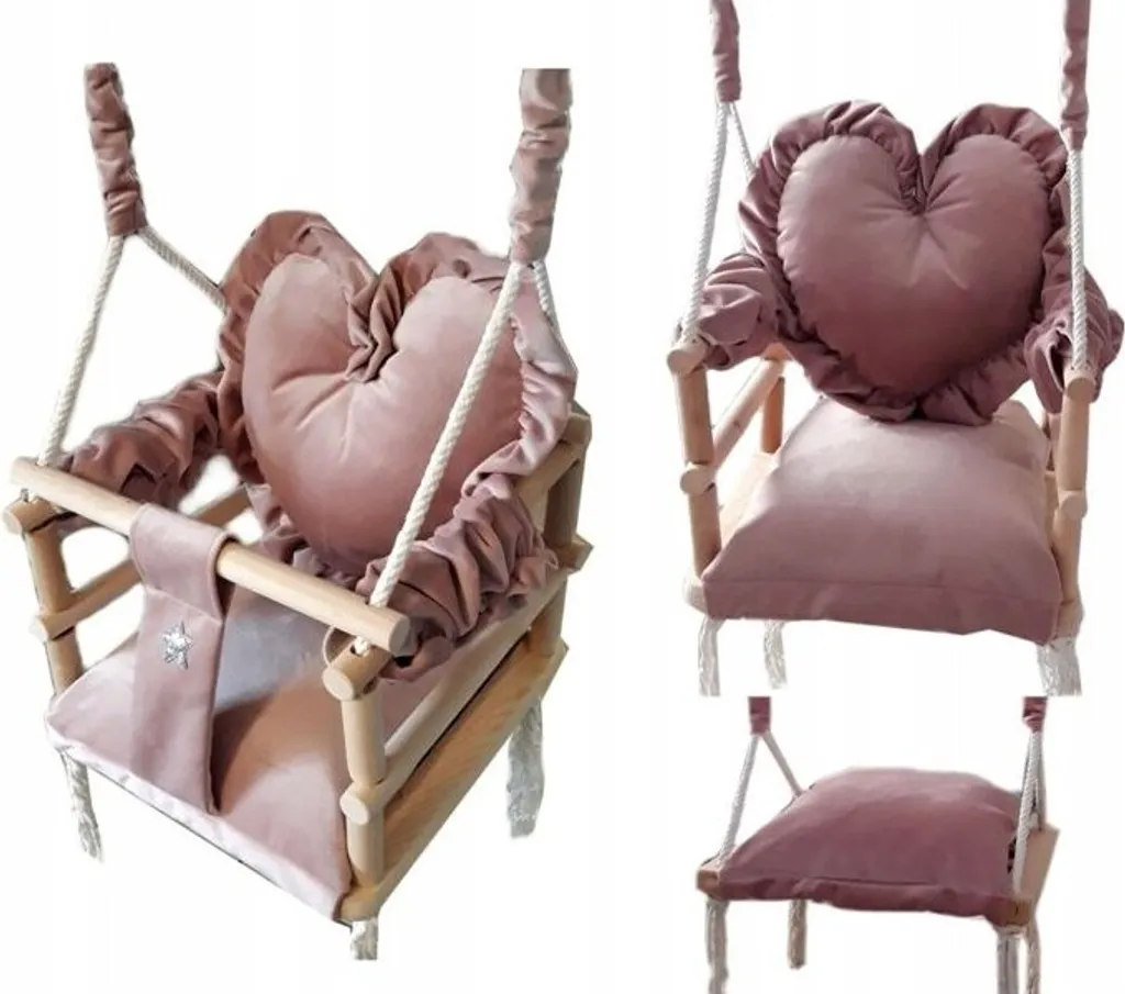 Balançoire intérieure pour chambre bébé 12-36 m bois et velours rose
