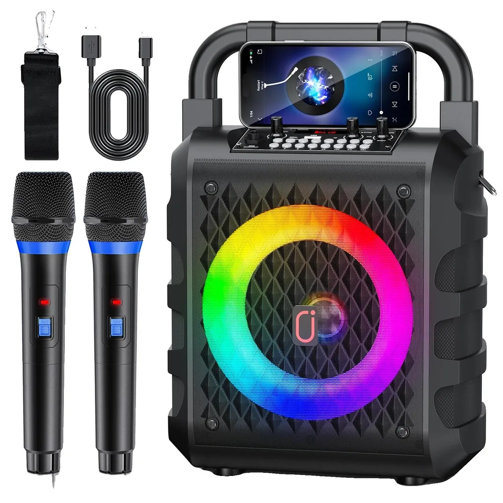 Système de karaoké portable avec enceinte Bluetooth 5.3 et deux micros