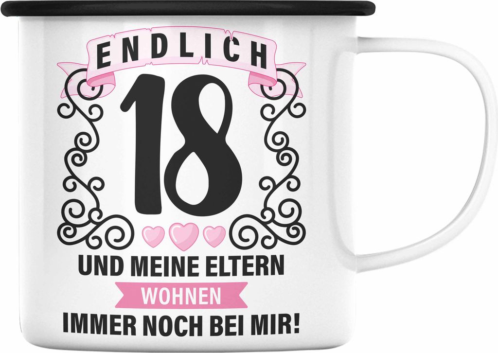 Trendation - 18er Geburtstag Emaille Tasse Geschenk Mädchen Jungen Geschenkidee Lustig Spruch 18 Geschenke Geschenkideen zum 18 Bday 18. (Schwarz)