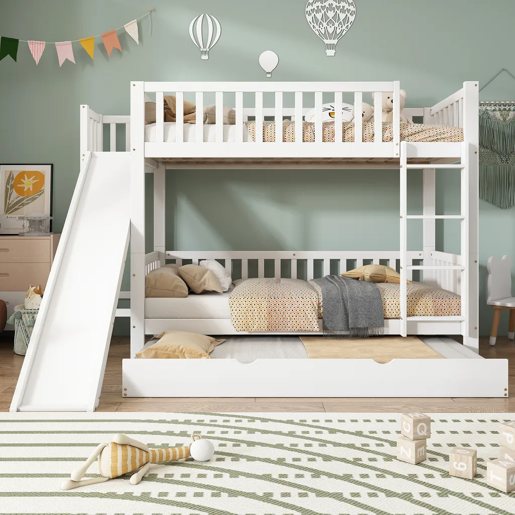 Lit superposé enfant 90x200 en bois avec toboggan et sommier inclus