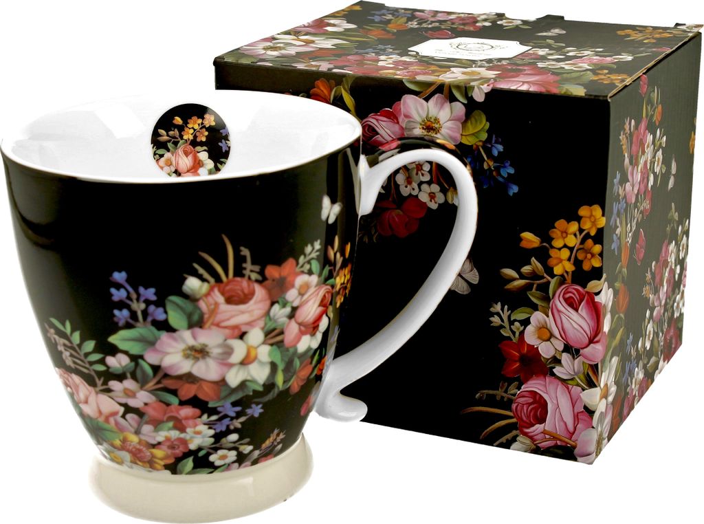 DUO FLORAL Jumbobecher 480 ml VINTAGE FLOWERS BLACK mit Fuß, New Bone China Porzellan