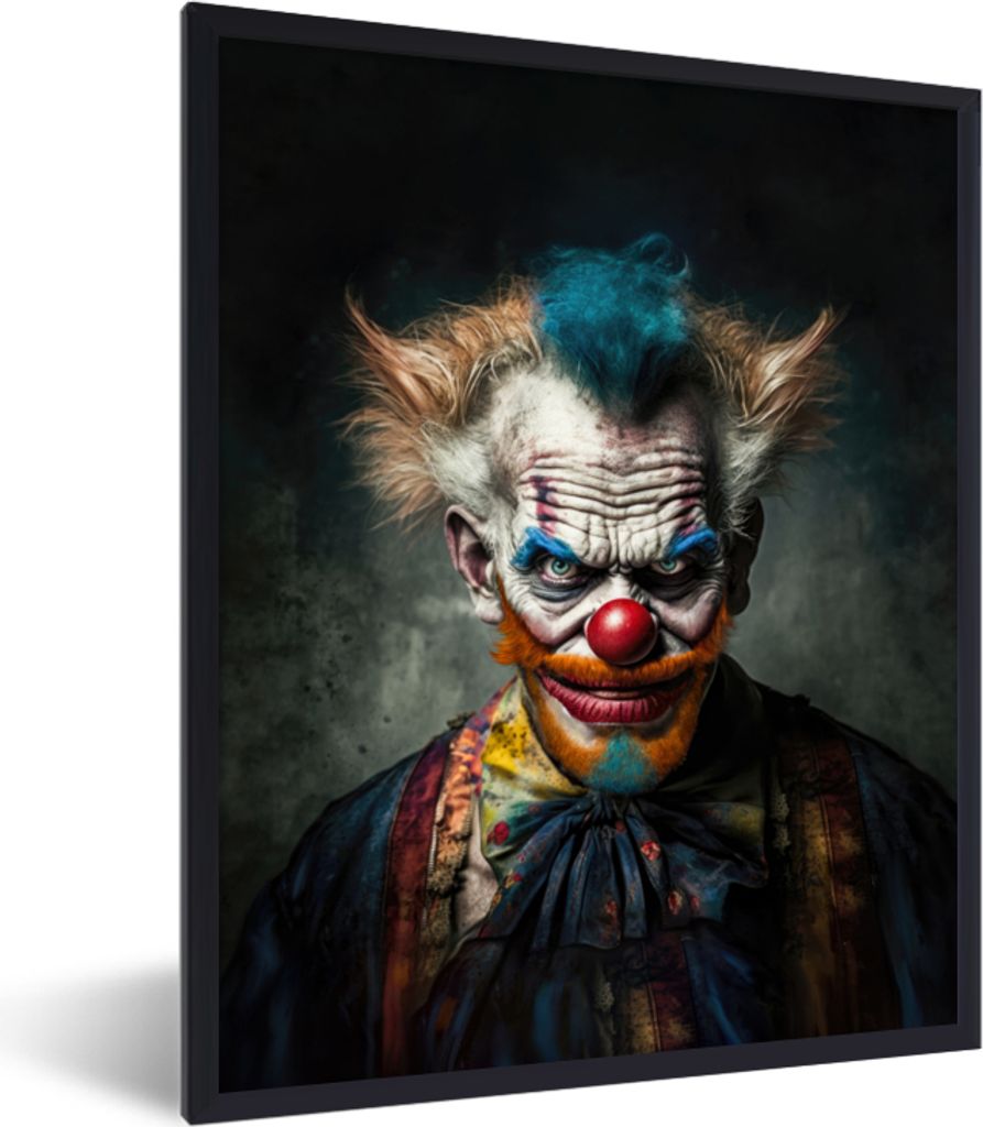 MuchoWow Gerahmtes Poster Clown - Porträt - Make-up - Clownsnase - Kleidung 60x80 cm - Poster mit Schwarzem Bilderrahmen Wandposter Rahmen Foto ...