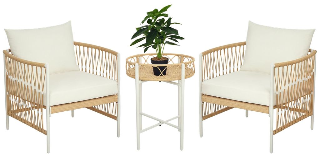 3-teiliges Bistro-Set Gartenmöbel-Set Gartensitzgruppe, PE-Rattan, 72 cm x 66 cm x 64 cm, Gelb+Creme