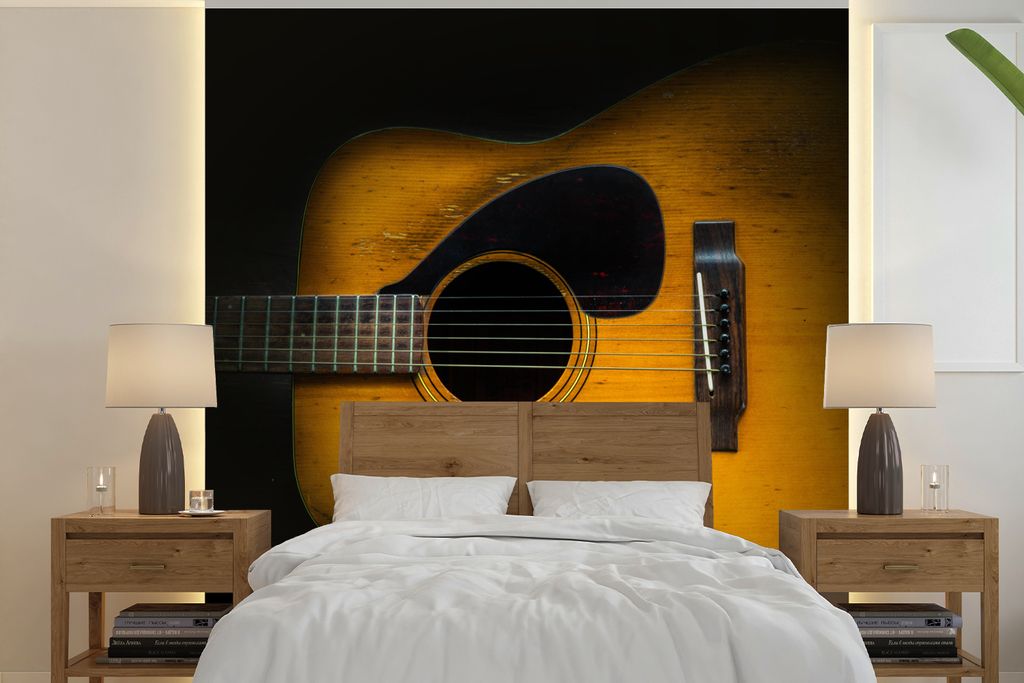 MuchoWow Fototapete für Wohnzimmer oder Schlafzimmer Wandtapete Vinyl Motivtapete Alte akustische Gitarre auf dunklem Hintergrund - 240x240 cm -...