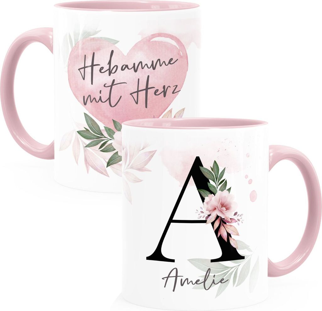 Kaffee-Tasse mit Name und Spruch mit Herz Initiale Monogramm Dankeschön personalisierte Geschenke SpecialMe Hebamme rosa Keramik-Tasse