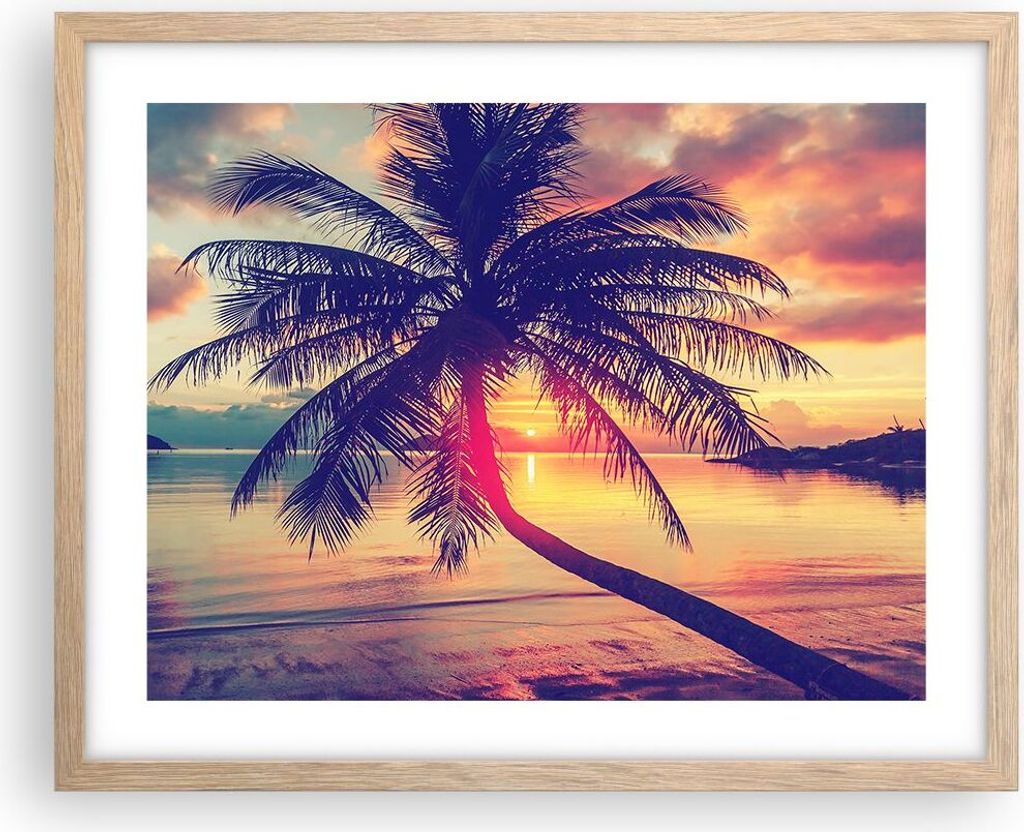 Gerahmtes Poster - Rahmen in heller Eiche - Meer Strand Palme - 50x40 cm - Wand Bild - Wanddeko - Wandbilder - Wandposter - Bilderrahmen - Bilder -...