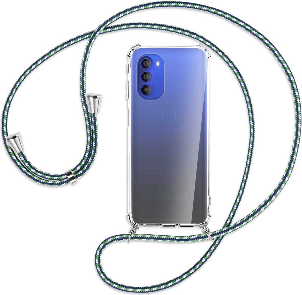 Handykette Backcover-Schutzhülle mit Band (Metall silberfarben) für Motorola Moto G51 5G - grün/blau/weiß