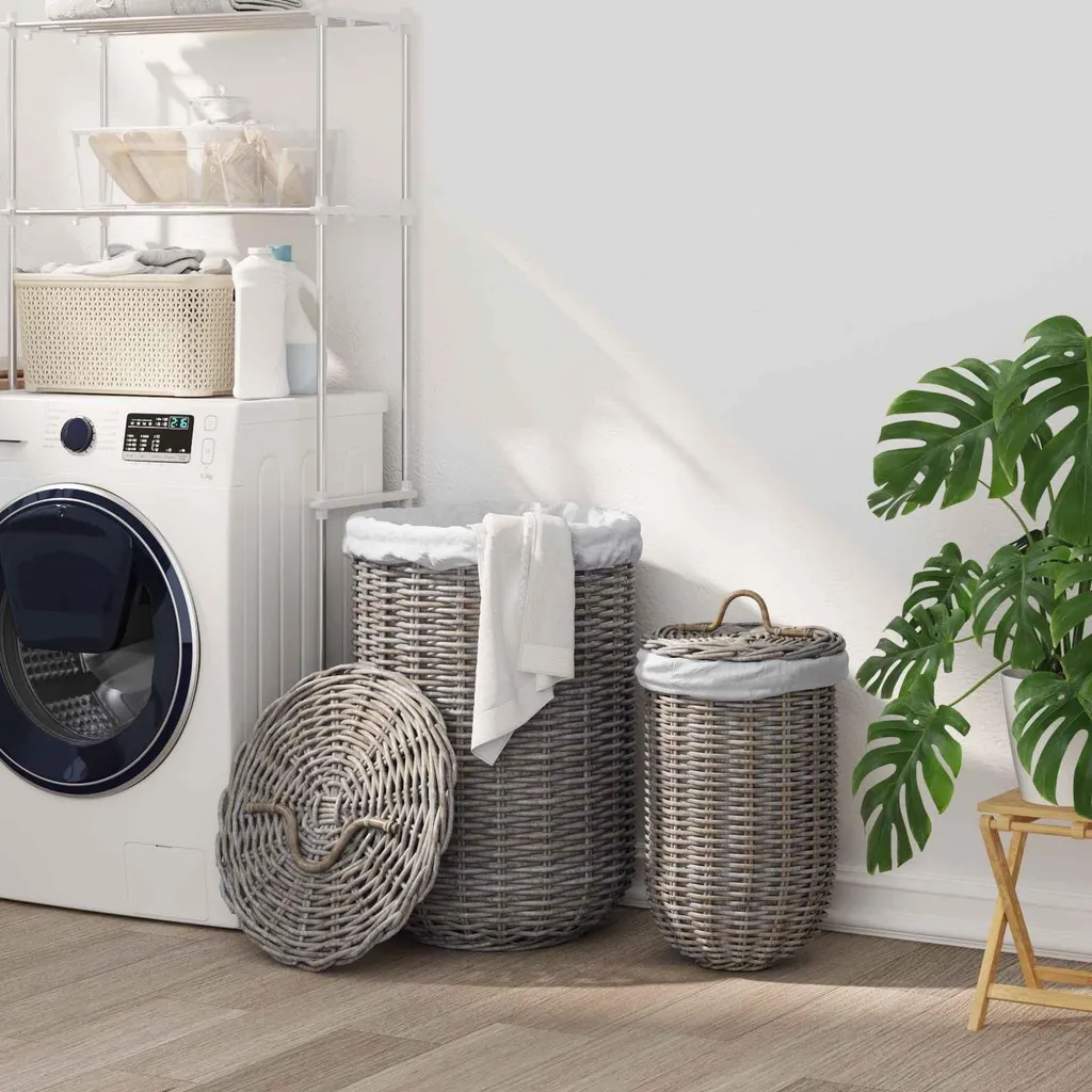 Panier à Linge en Rotin Gris Kubu vidaXL Tressé à la Main - Set de 2 Unités