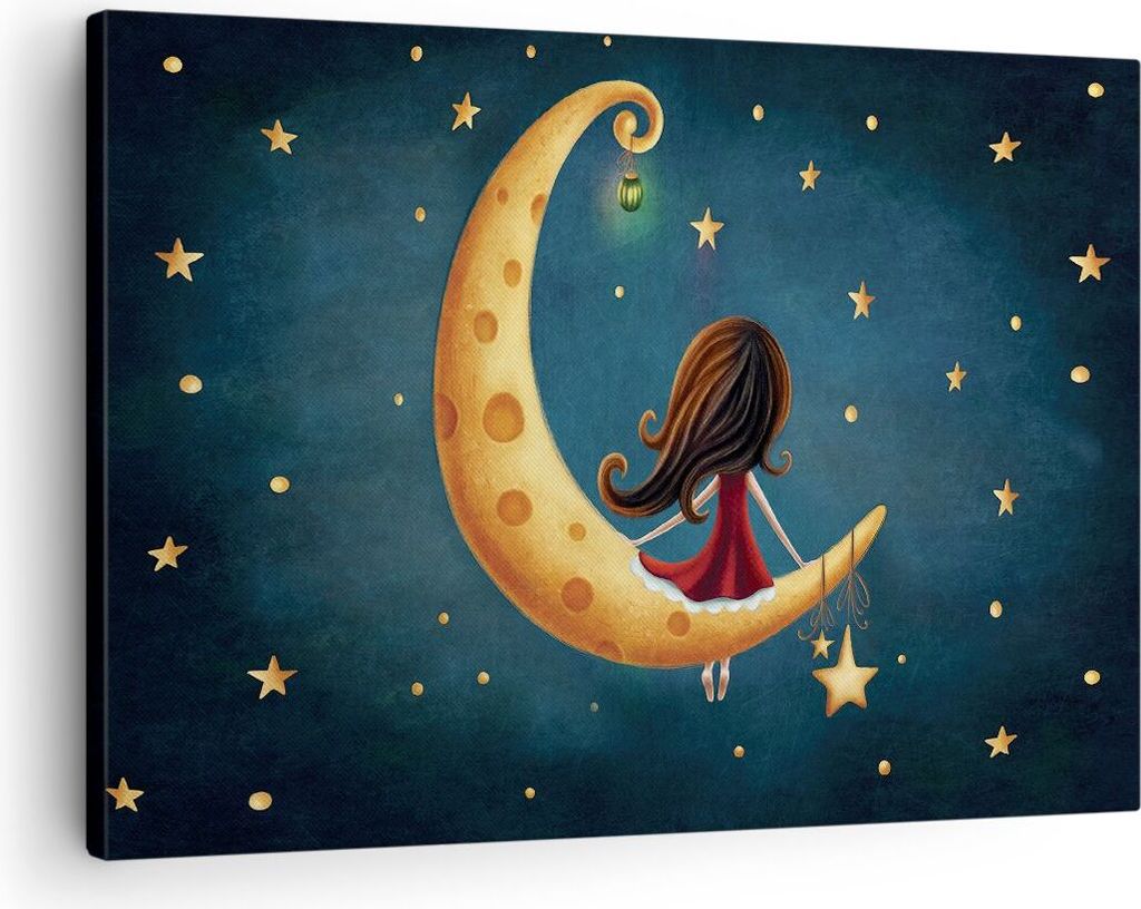 Bild auf Leinwand - Leinwandbild - Einteilig - Kinder Mädchen Mond - 70x50cm - Wand Bild - Wanddeko - Wandbilder - Leinwanddruck - Bilder - Wandde...