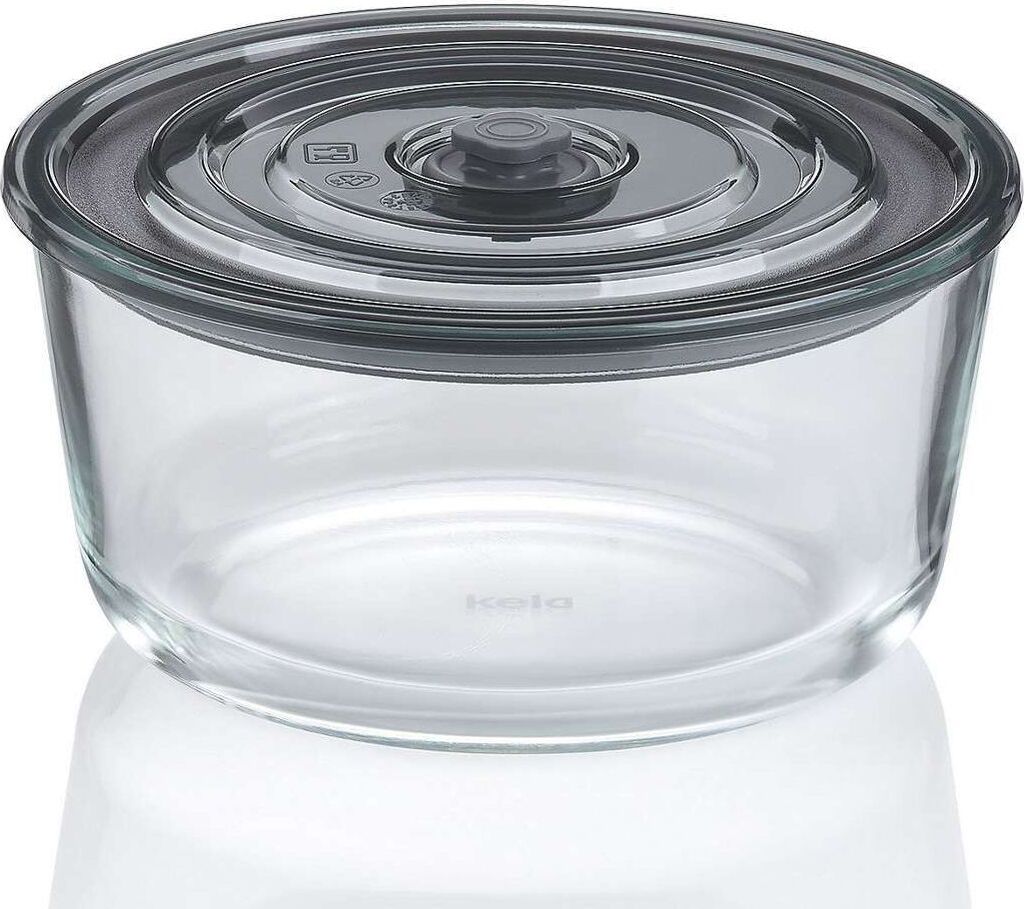 A clear glass food storage container with a gray lid.