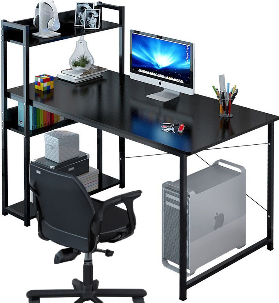 Computer-Schreibtisch, LOFT, schwarz, skandinavischer Stil, Schreibtisch mit Bücherregal