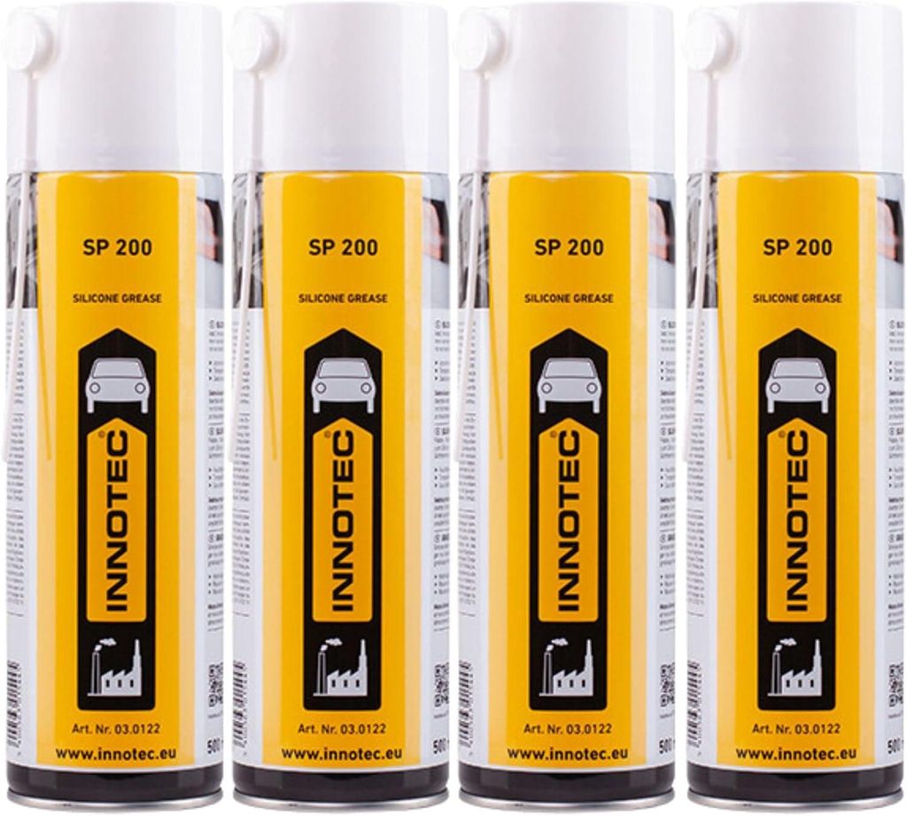 4 Stück INNOTEC SP200 Silikonfett Spray 500 ml – hochwertiges, wasserabweisendes Silikon Sprühfett, schmiert Kunststoff, Gummi, Metall