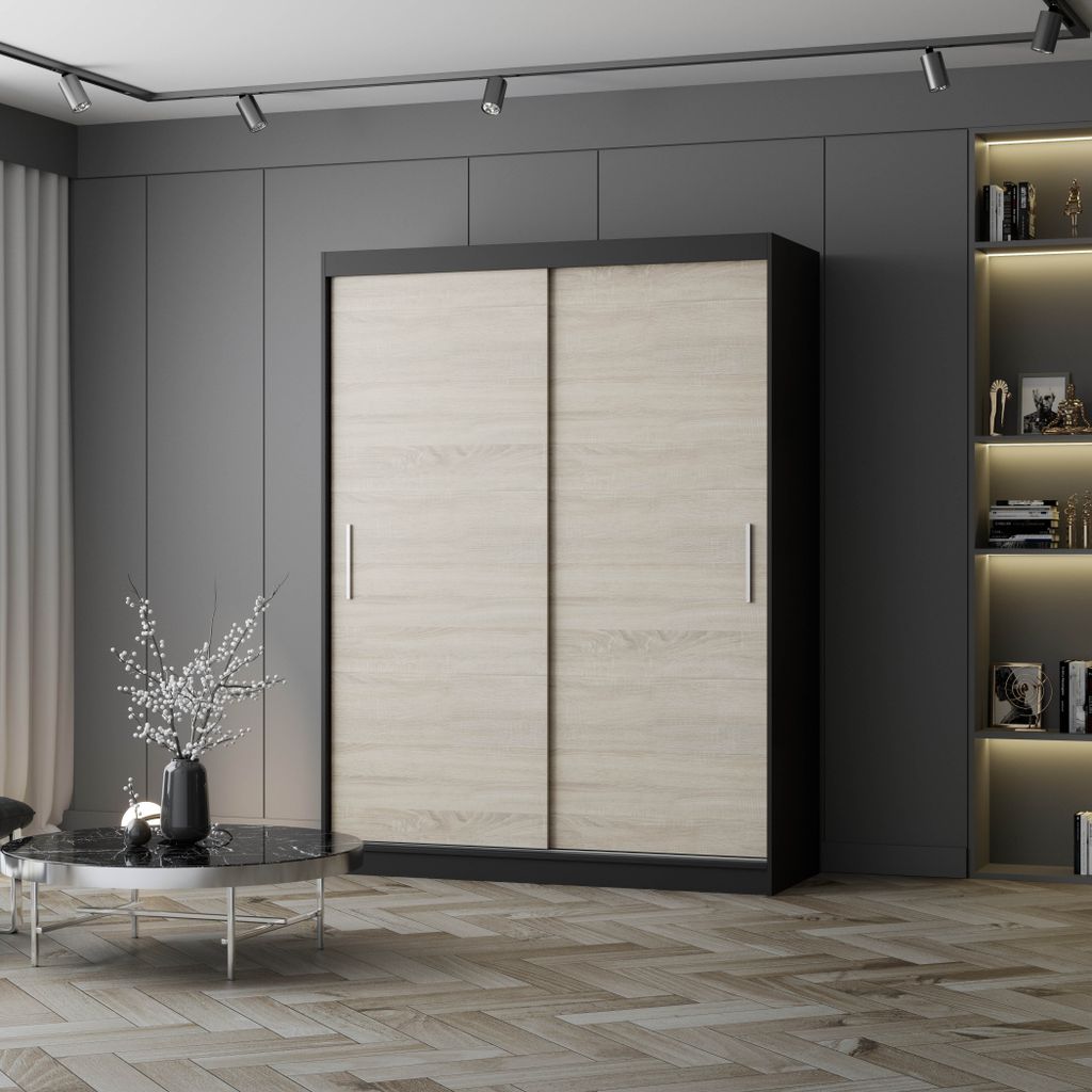 Schwebetürenschrank Kleiderschrank Schrank Garderobe Vista 04 (Schwarz/Sonoma) + LED-Beleuchtung 150cm